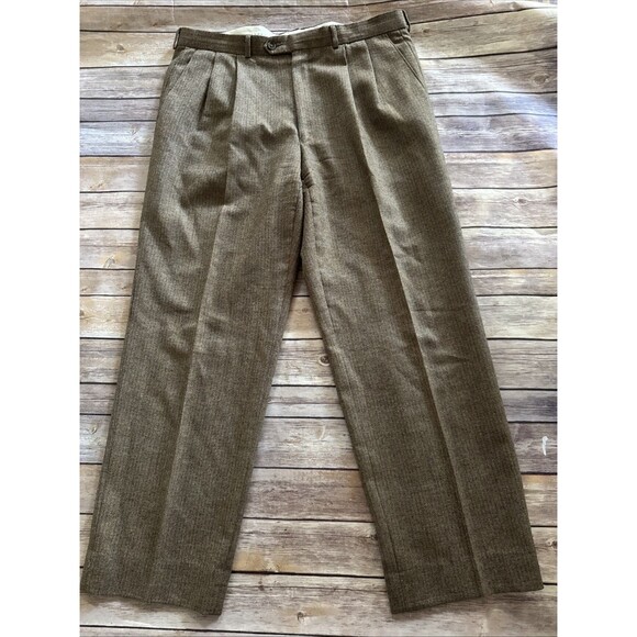 Lauren Ralph Lauren Tan Houndstooth Wool Pleated Dress Pants 34 x 28 Tan - Picture 1 of 5